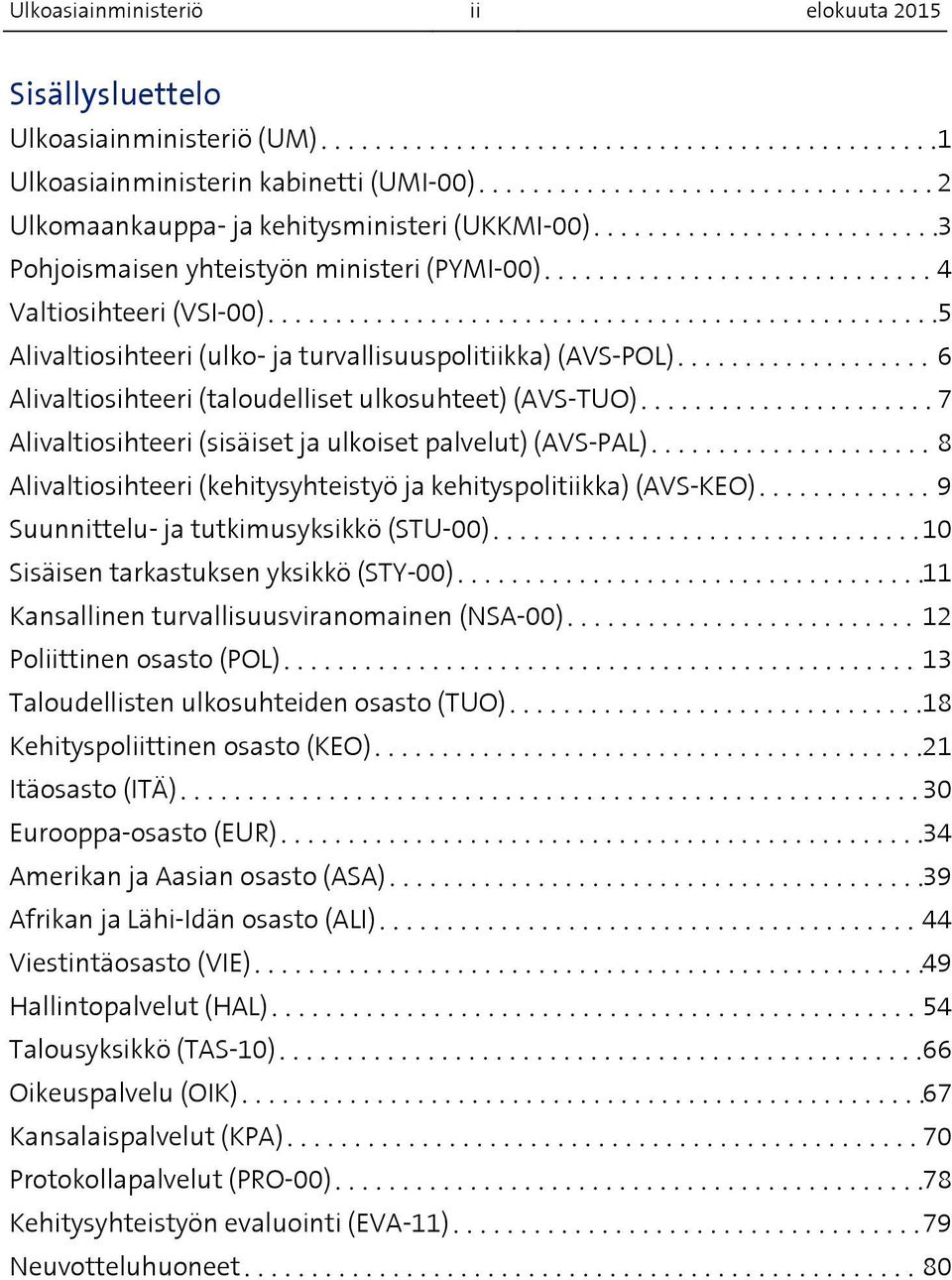 ja ulkoiset palvelut) (AVS-PAL) 8 Alivaltiosihteeri (kehitysyhteistyö ja kehityspolitiikka) (AVS-KEO) 9 Suunnittelu- ja tutkimusyksikkö (STU-00) 10 Sisäisen tarkastuksen yksikkö (STY-00) 11