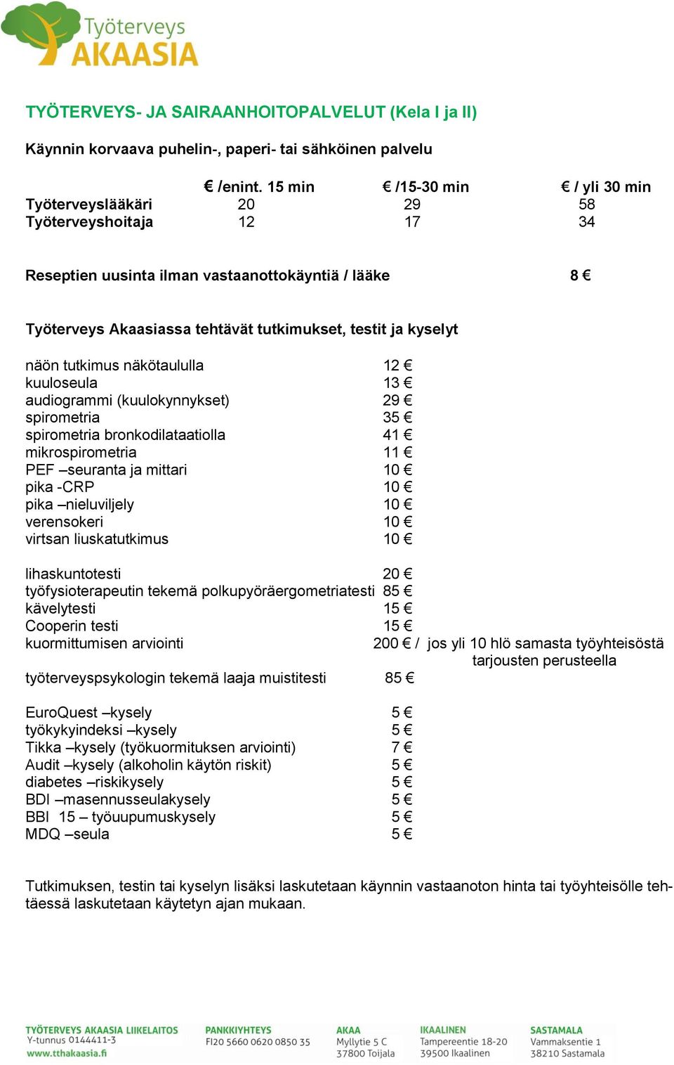 näön tutkimus näkötaululla 12 kuuloseula 13 audiogrammi (kuulokynnykset) 29 spirometria 35 spirometria bronkodilataatiolla 41 mikrospirometria 11 PEF seuranta ja mittari 10 pika -CRP 10 pika
