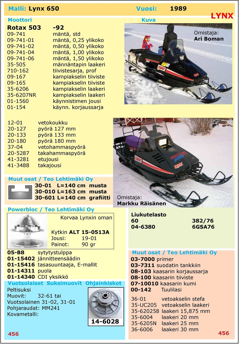 etujousi 41-3488 takajousi 30-01 L=140 cm musta 30-010 L=163 cm musta 30-601 L=140 cm grafiitti Korvaa Lynxin oman Vuotsolainen 31-02, 31-01 Pohjaraudat: MM241 Kovametalli: 456 Kytkin ALT 15-0513A