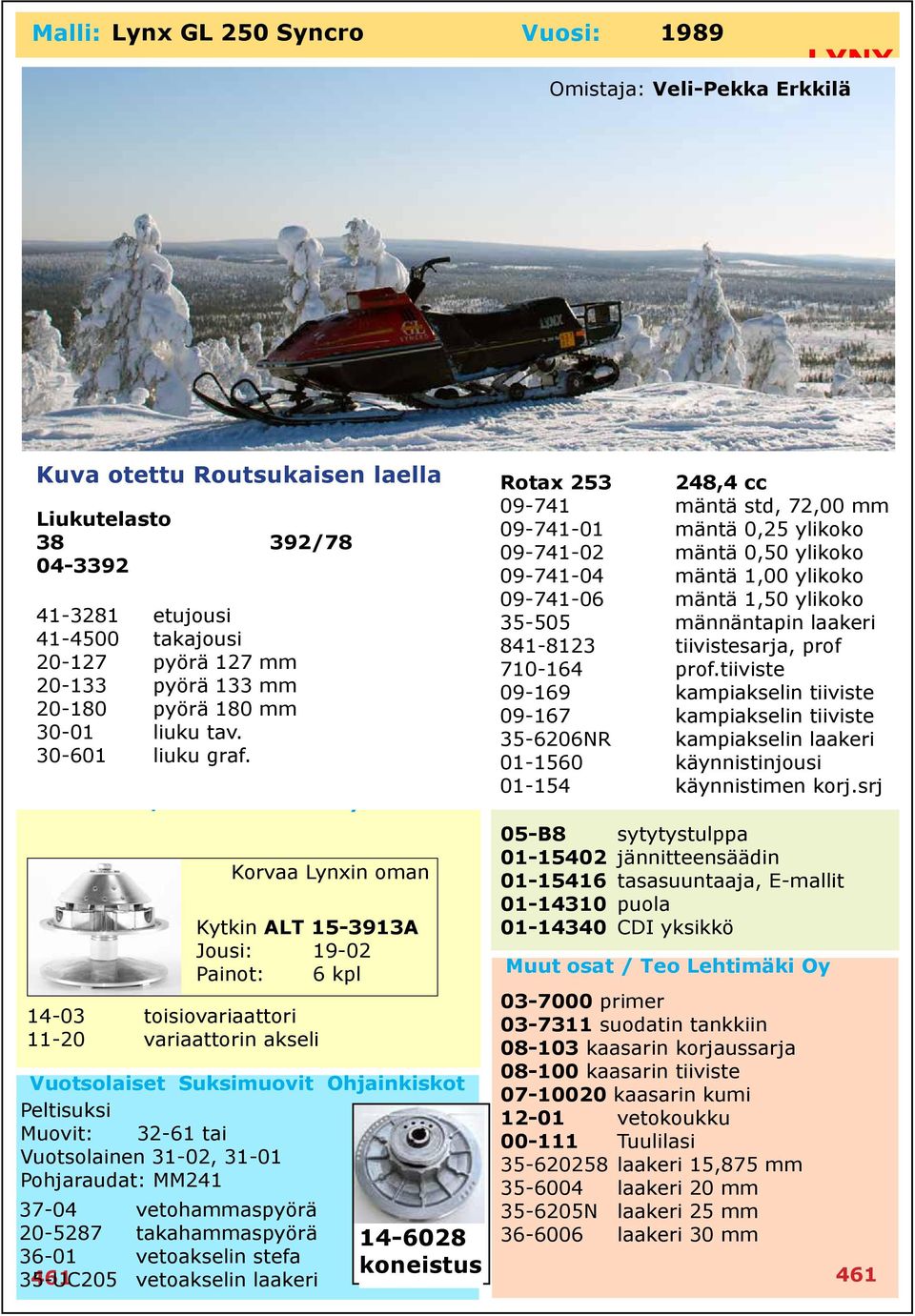 Kytkin ALT 15-3913A Jousi: 19-02 Painot: 6 kpl 14-03 toisiovariaattori 11-20 variaattorin akseli Vuotsolainen 31-02, 31-01 Pohjaraudat: MM241 37-04 vetohammaspyörä 20-5287 takahammaspyörä 36-01