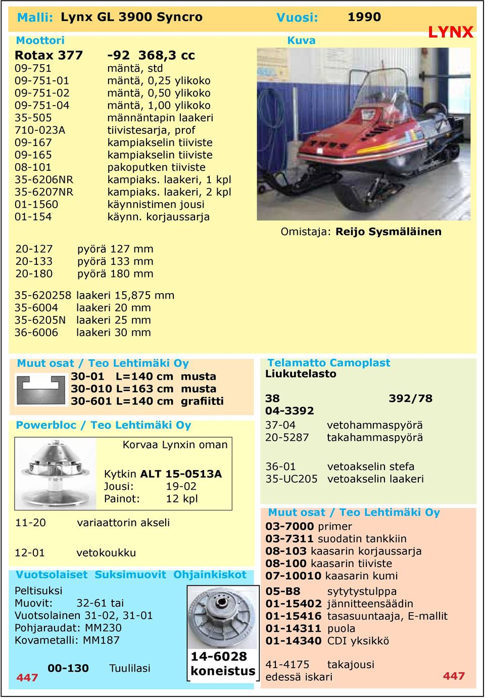 laakeri, 2 kpl 20-127 pyörä 127 mm 20-133 pyörä 133 mm 20-180 pyörä 180 mm 35-620258 laakeri 15,875 mm 35-6004 laakeri 20 mm 35-6205N laakeri 25 mm 36-6006 laakeri 30 mm Omistaja: Reijo Sysmäläinen