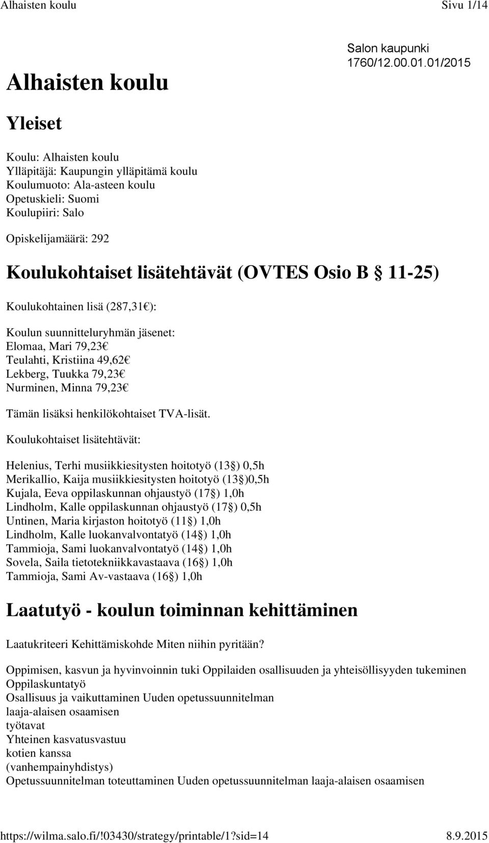 Osio B 11-25) Koulukohtainen lisä (287,31 ): Koulun suunnitteluryhmän jäsenet: Elomaa, Mari 79,23 Teulahti, Kristiina 49,62 Lekberg, Tuukka 79,23 Nurminen, Minna 79,23 Tämän lisäksi henkilökohtaiset