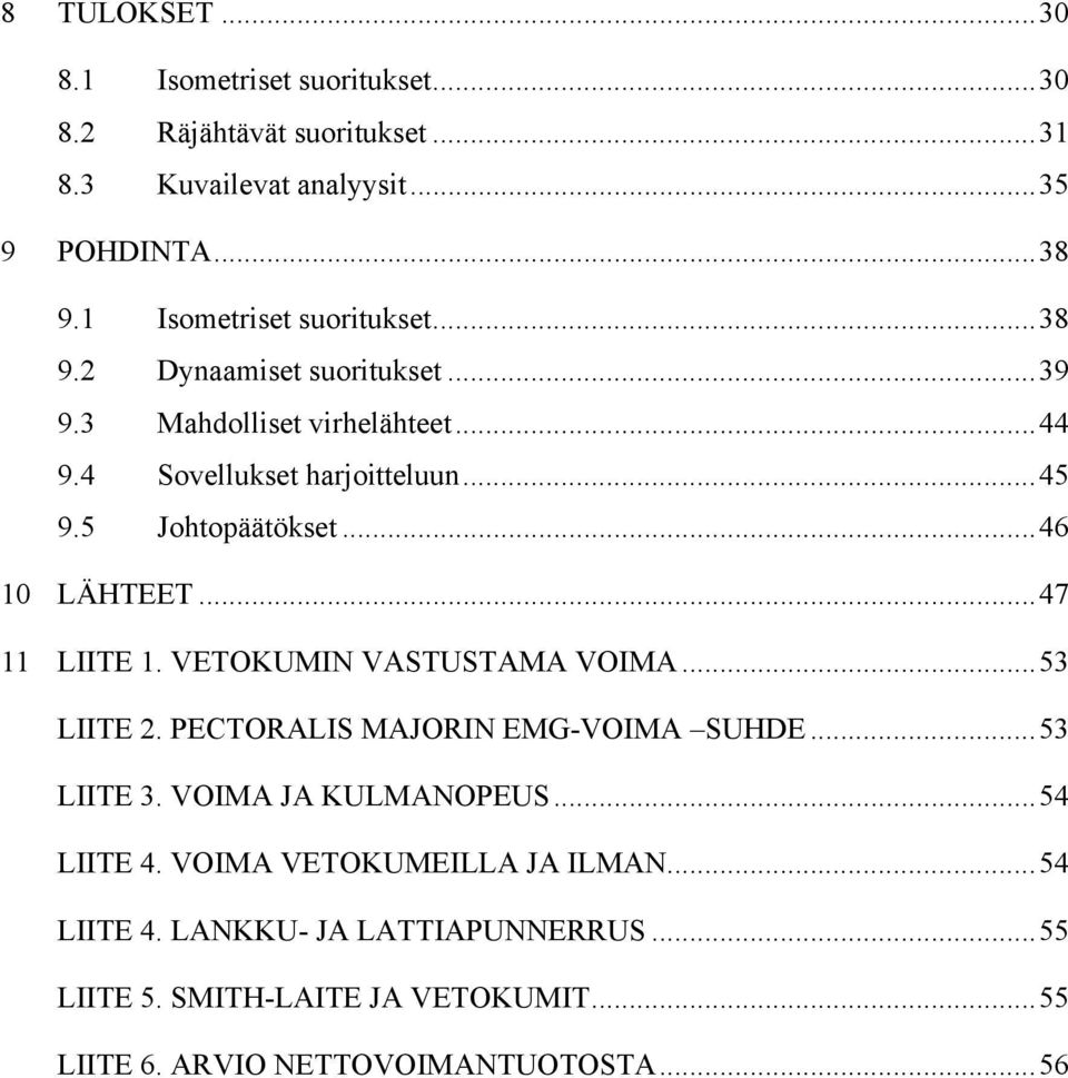 5 Johtopäätökset...46 10 LÄHTEET...47 11 LIITE 1. VETOKUMIN VASTUSTAMA VOIMA...53 LIITE 2. PECTORALIS MAJORIN EMG-VOIMA SUHDE...53 LIITE 3.