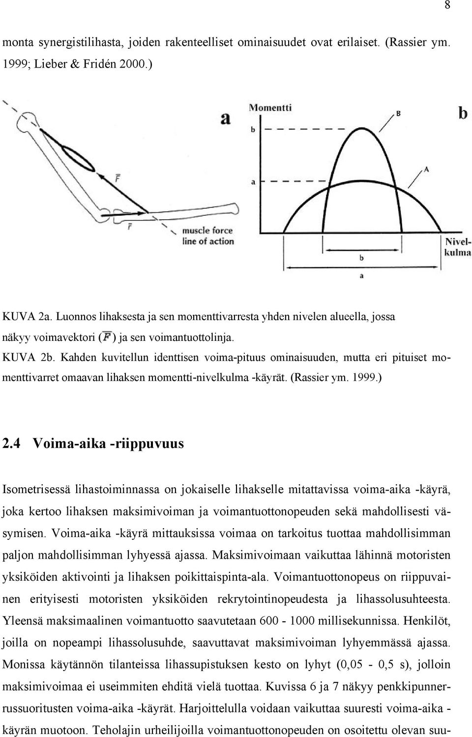 Kahden kuvitellun identtisen voima-pituus ominaisuuden, mutta eri pituiset momenttivarret omaavan lihaksen momentti-nivelkulma -käyrät. (Rassier ym. 1999.) 2.