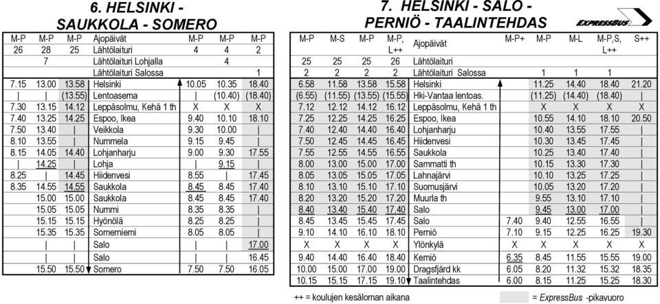 Lähtölaituri Lähtölaituri Salossa 1 2 2 2 2 Lähtölaituri Salossa 1 1 1 7.15 13.00 13.58 Helsinki 10.05 10.35 18.40 6.58 11.58 13.58 15.58 Helsinki 11.25 14.40 18.40 21.20 (13.55) Lentoasema (10.