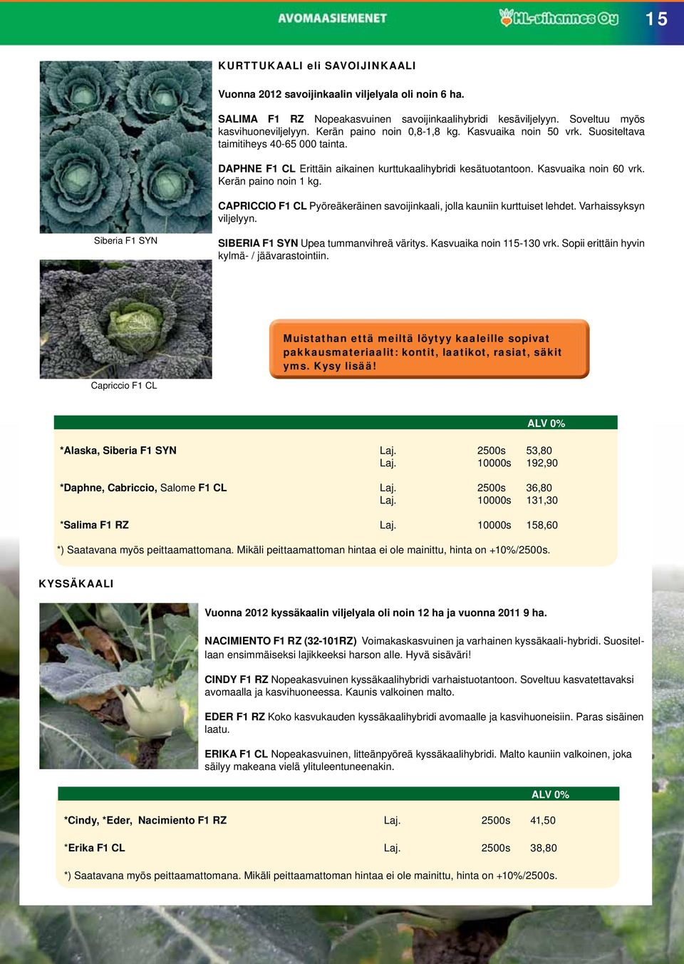 Kerän paino noin 1 kg. CAPRICCIO F1 CL Pyöreäkeräinen savoijinkaali, jolla kauniin kurttuiset lehdet. Varhaissyksyn viljelyyn. Siberia F1 SYN SIBERIA F1 SYN Upea tummanvihreä väritys.