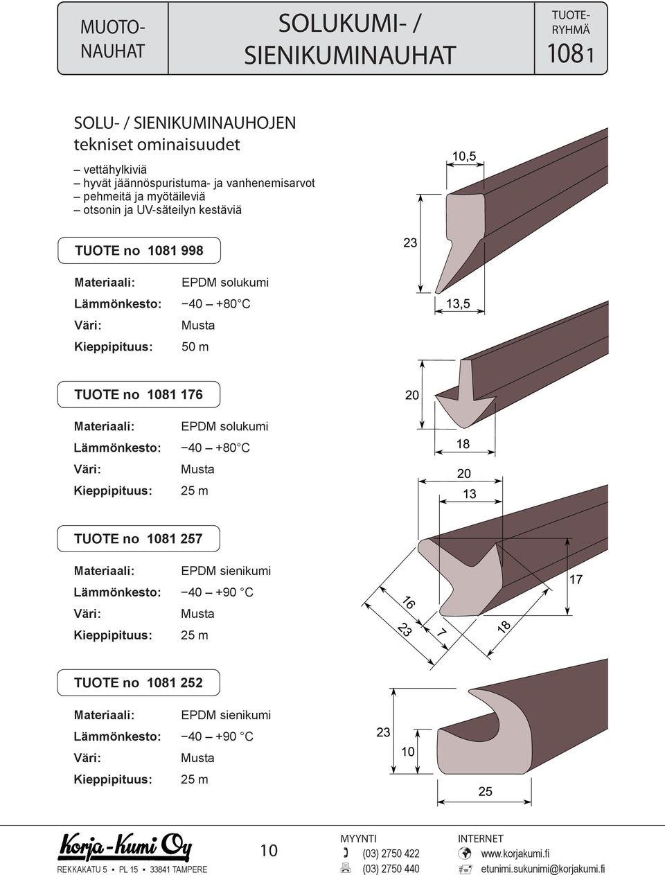 1081 998 Lämmönkesto: EPDM solukumi 40 +80 C 50 m TUOTE no 1081 176 Lämmönkesto: EPDM solukumi 40 +80 C