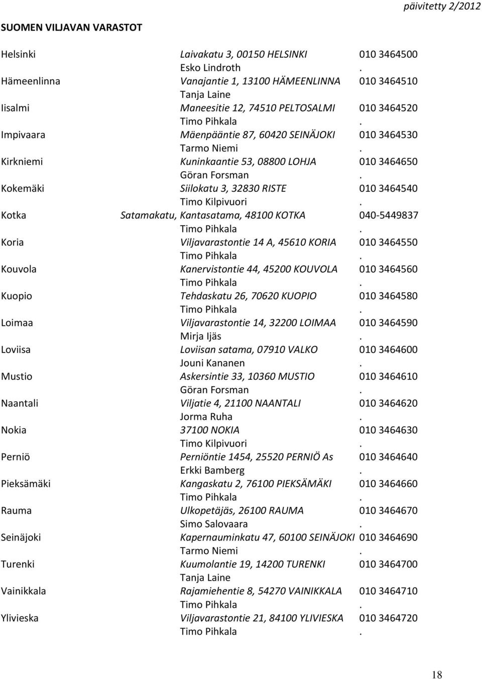 Kirkniemi Kuninkaantie 53, 08800 LOHJA 010 3464650 Göran Forsman. Kokemäki Siilokatu 3, 32830 RISTE 010 3464540 Timo Kilpivuori. Kotka Satamakatu, Kantasatama, 48100 KOTKA 040-5449837 Timo Pihkala.