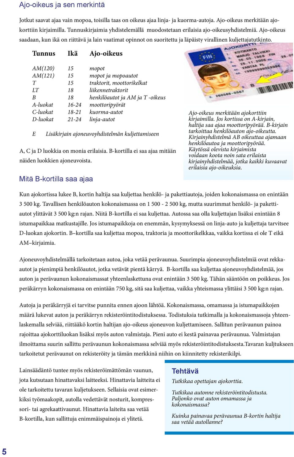 Tunnus Ikä Ajo-oikeus AM(120) 15 mopot AM(121) 15 mopot ja mopoautot T 15 traktorit, moottorikelkat LT 18 liikennetraktorit B 18 henkilöautot ja AM ja T -oikeus A-luokat 16-24 moottoripyörät C-luokat