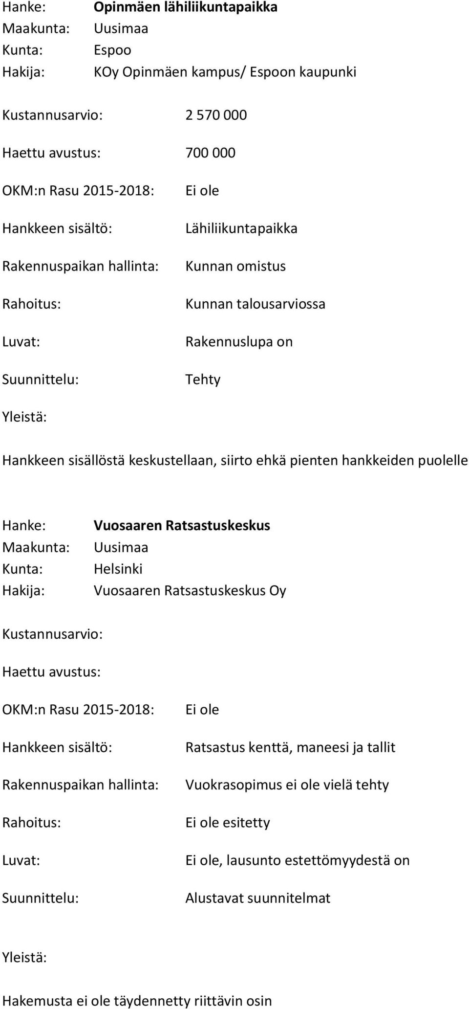 Ratsastuskeskus Helsinki Vuosaaren Ratsastuskeskus Oy Kustannusarvio: Haettu avustus: Ratsastus kenttä, maneesi ja tallit