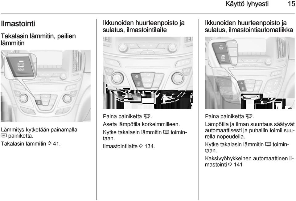 Aseta lämpötila korkeimmilleen. Kytke takalasin lämmitin Ü toimintaan. Ilmastointilaite 3 134. Paina painiketta V.