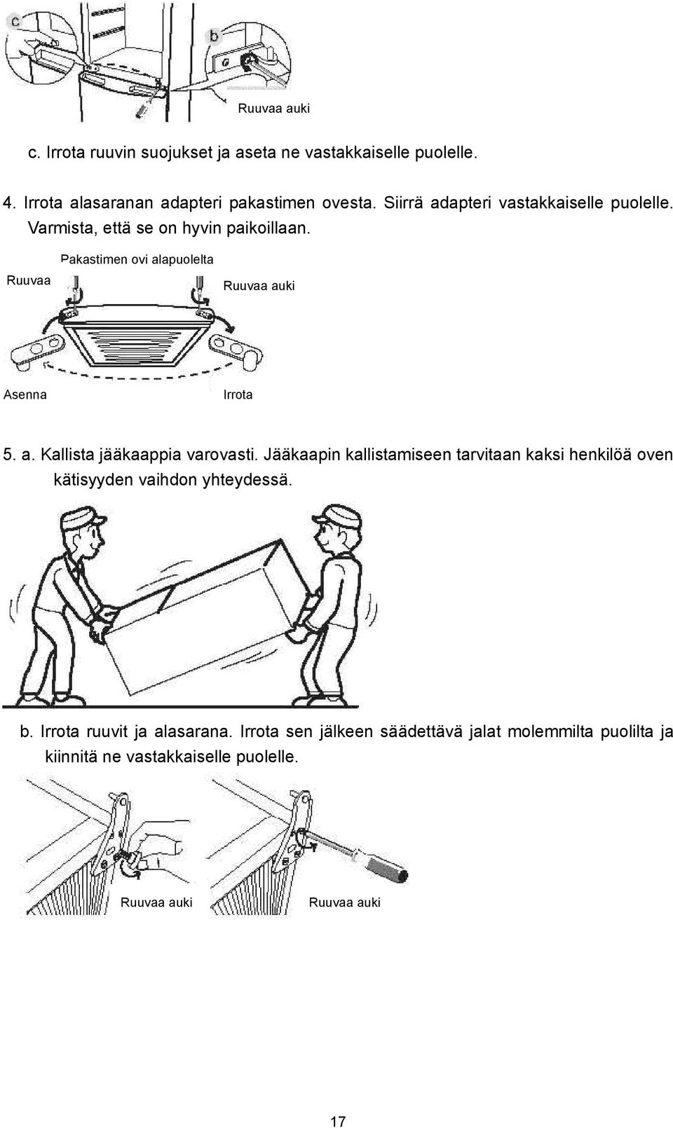 Ruuvaa Pakastimen ovi alapuolelta Ruuvaa auki Asenna Irrota 5. a. Kallista jääkaappia varovasti.