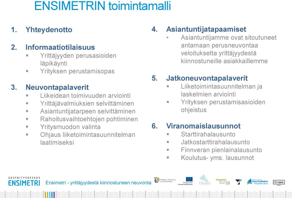 liiketoimintasuunnitelman laatimiseksi 4. Asiantuntijatapaamiset Asiantuntijamme ovat sitoutuneet antamaan perusneuvontaa veloituksetta yrittäjyydestä kiinnostuneille asiakkaillemme 5.