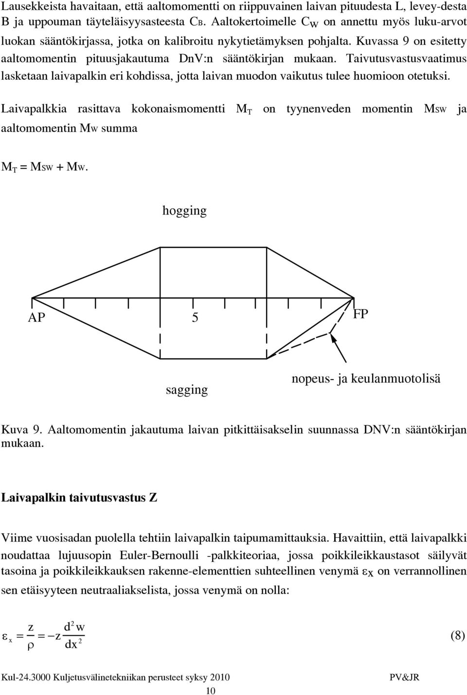 Taivutusvastusvaatimus lasketaan laivapalkin eri kohdissa, jotta laivan muodon vaikutus tulee huomioon otetuksi.