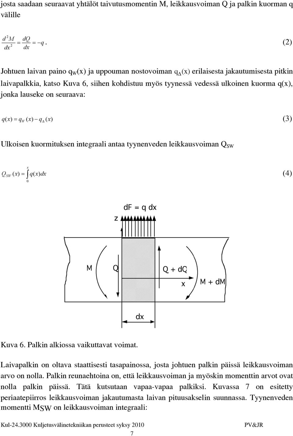 on seuraava: q W ( x) q ( x) q ( x) = (3) Ulkoisen kuormituksen integraali antaa tyynenveden leikkausvoiman Q SW Q SW x ( x) = q( x) dx (4) 0 Kuva 6. Palkin alkiossa vaikuttavat voimat.