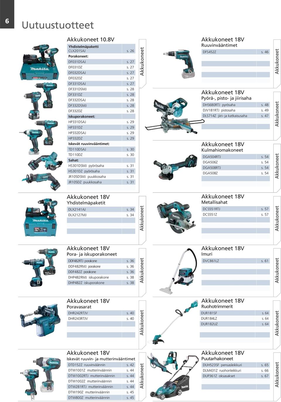 31 HS301DZ pyörösaha s. 31 JR105DSMJ puukkosaha s. 31 JR105DZ puukkosaha s. 31 Akkukoneet Akkukoneet 18V Ruuvinvääntimet DFS452Z s. 46 Akkukoneet 18V Pyörä-, pisto- ja jiirisaha DHS680RTJ pyrösaha s.