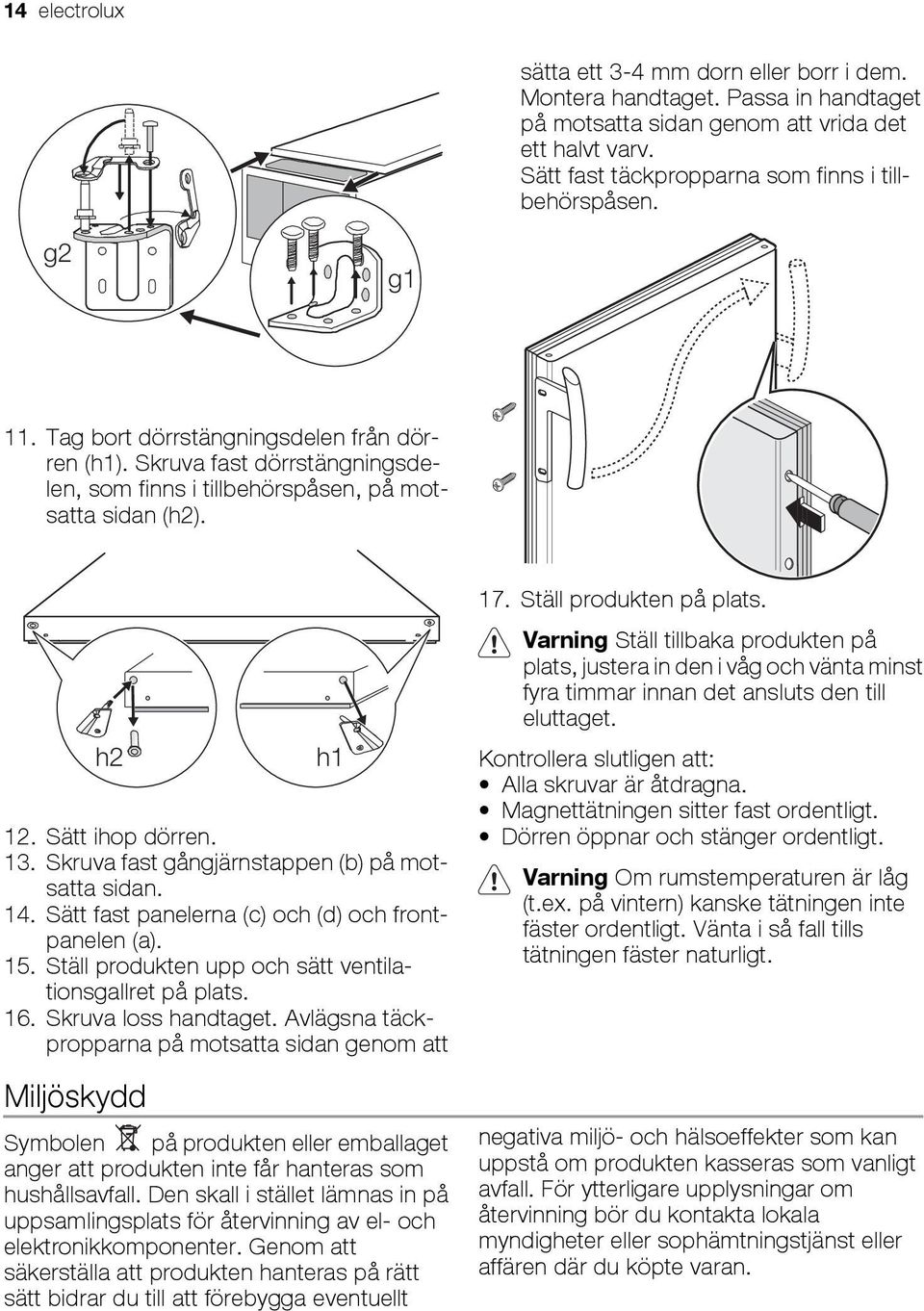 Skruva fast gångjärnstappen (b) på motsatta sidan. 14. Sätt fast panelerna (c) och (d) och frontpanelen (a). 15. Ställ produkten upp och sätt ventilationsgallret på plats. 16. Skruva loss handtaget.