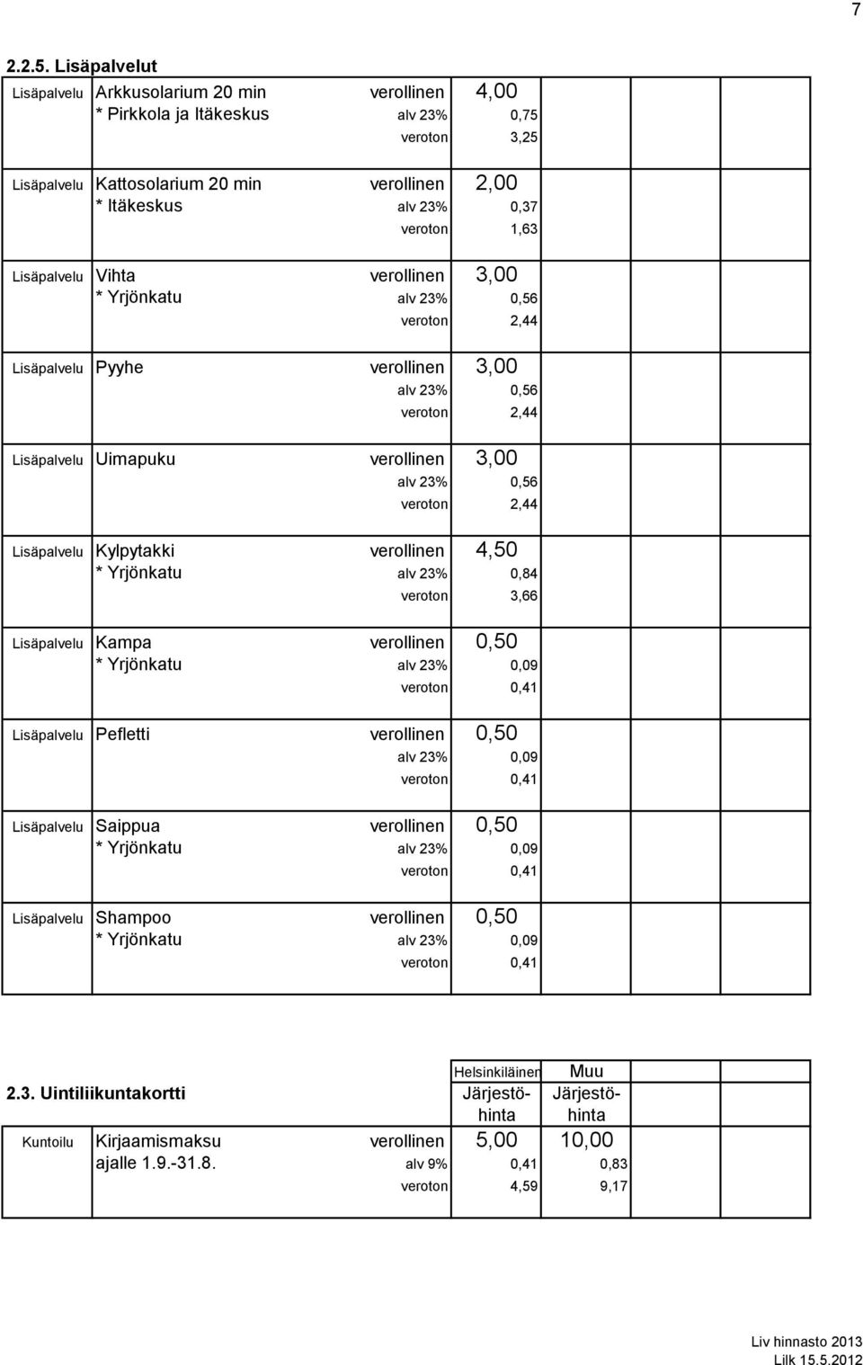 Lisäpalvelu Vihta verollinen 3,00 * Yrjönkatu alv 23% 0,56 veroton 2,44 Lisäpalvelu Pyyhe verollinen 3,00 alv 23% 0,56 veroton 2,44 Lisäpalvelu Uimapuku verollinen 3,00 alv 23% 0,56 veroton 2,44