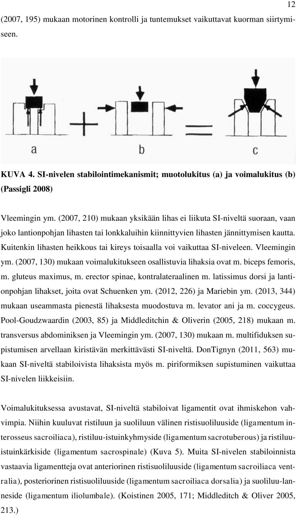 Kuitenkin lihasten heikkous tai kireys toisaalla voi vaikuttaa SI-niveleen. Vleemingin ym. (2007, 130) mukaan voimalukitukseen osallistuvia lihaksia ovat m. biceps femoris, m. gluteus maximus, m.