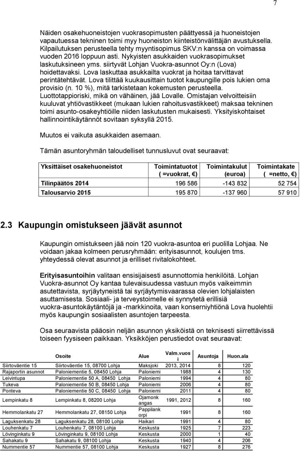 siirtyvät Lohjan Vuokra-asunnot Oy:n (Lova) hoidettavaksi. Lova laskuttaa asukkailta vuokrat ja hoitaa tarvittavat perintätehtävät.