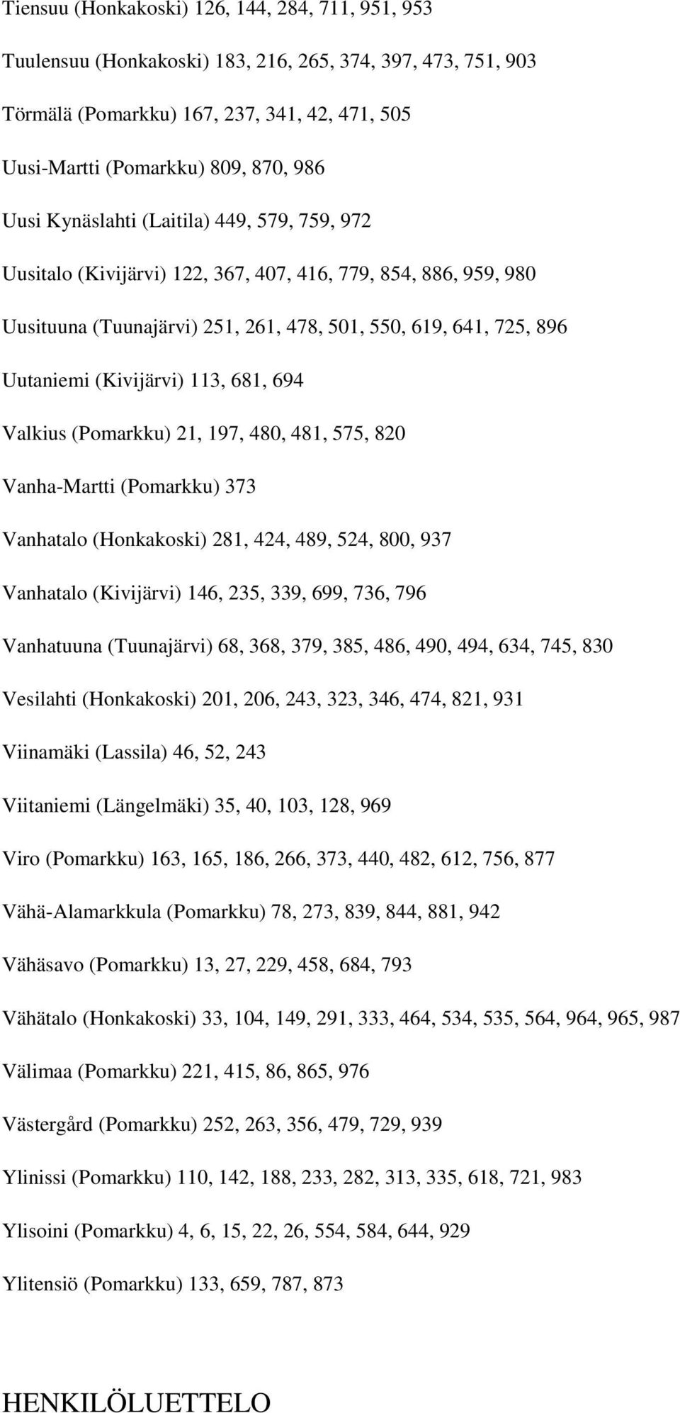 113, 681, 694 Valkius (Pomarkku) 21, 197, 480, 481, 575, 820 Vanha-Martti (Pomarkku) 373 Vanhatalo (Honkakoski) 281, 424, 489, 524, 800, 937 Vanhatalo (Kivijärvi) 146, 235, 339, 699, 736, 796