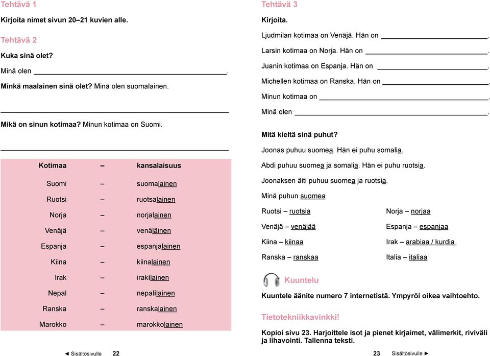 marokkolainen Tehtävä 3 Kirjoita. Ljudmilan kotimaa on Venäjä. Hän on. Larsin kotimaa on Norja. Hän on. Juanin kotimaa on Espanja. Hän on. Michellen kotimaa on Ranska. Hän on. Minun kotimaa on.