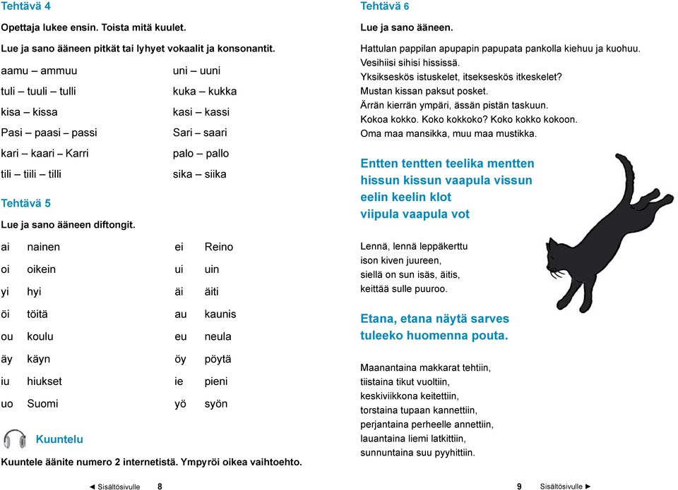 Vesihiisi sihisi hississä. Yksikseskös istuskelet, itsekseskös itkeskelet? Mustan kissan paksut posket. Ärrän kierrän ympäri, ässän pistän taskuun. Kokoa kokko. Koko kokkoko? Koko kokko kokoon.