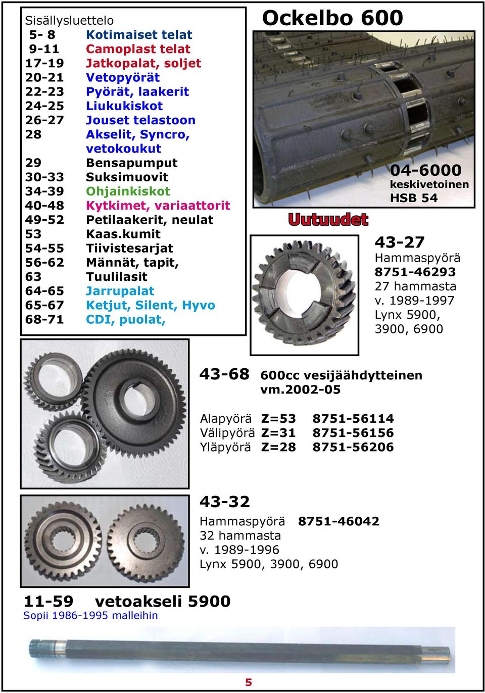 kumit 54-55 Tiivistesarjat 56-62 Männät, tapit, 63 Tuulilasit 64-65 Jarrupalat 65-67 Ketjut, Silent, Hyvo 68-71 CDI, puolat, Ockelbo 600 Uutuudet 04-6000 keskivetoinen HSB 54 43-27 Hammaspyörä