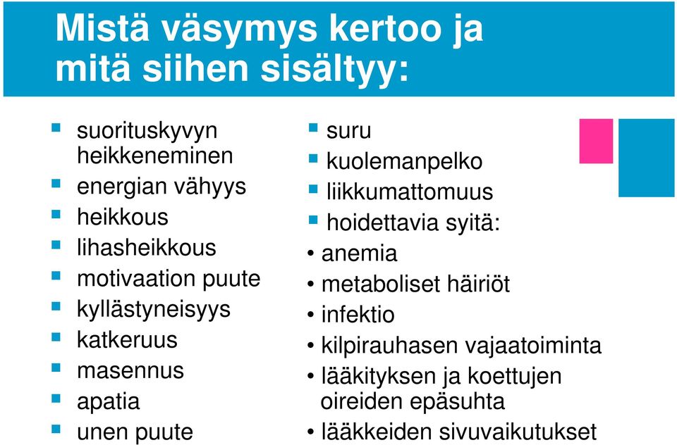 puute suru kuolemanpelko liikkumattomuus hoidettavia syitä: anemia metaboliset häiriöt