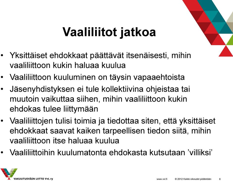 vaaliliittoon kukin ehdokas tulee liittymään Vaaliliittojen tulisi toimia ja tiedottaa siten, että yksittäiset ehdokkaat