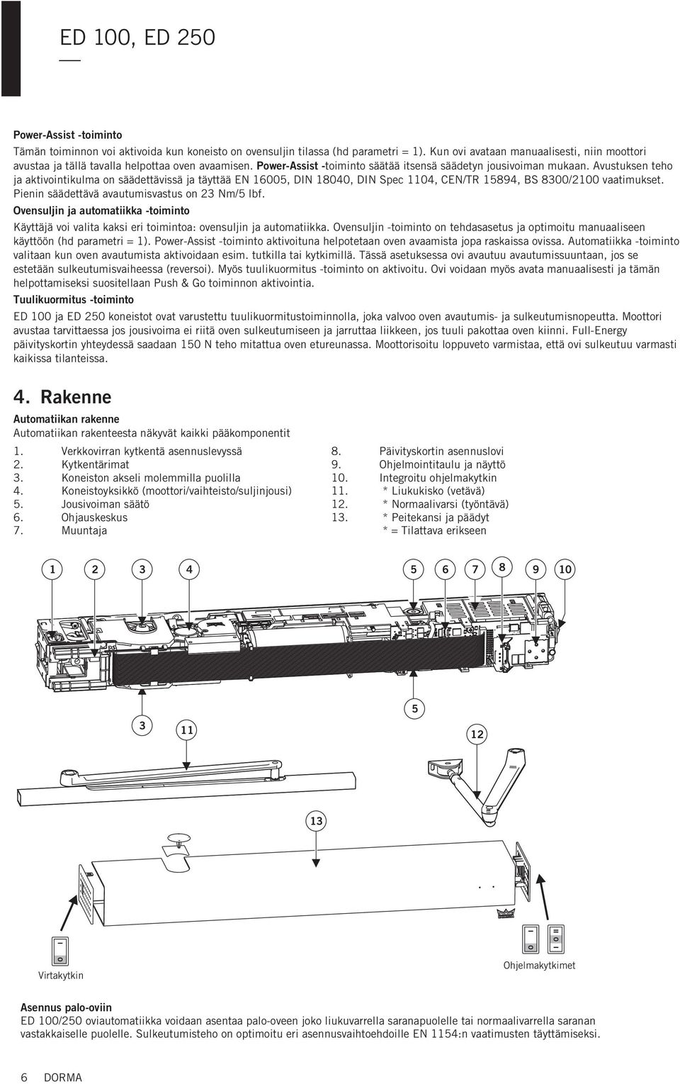 Avustuksen teho ja aktivointikulma on säädettävissä ja täyttää EN 16005, DIN 18040, DIN Spec 1104, CEN/TR 15894, BS 8300/2100 vaatimukset. Pienin säädettävä avautumisvastus on 23 Nm/5 lbf.