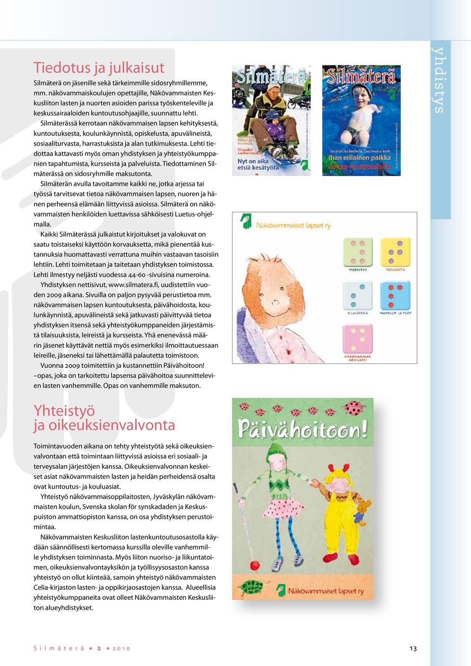 Silmäterässä kerrotaan näkövammaisen lapsen kehityksestä, kuntoutuksesta, koulunkäynnistä, opiskelusta, apuvälineistä, sosiaaliturvasta, harrastuksista ja alan tutkimuksesta.