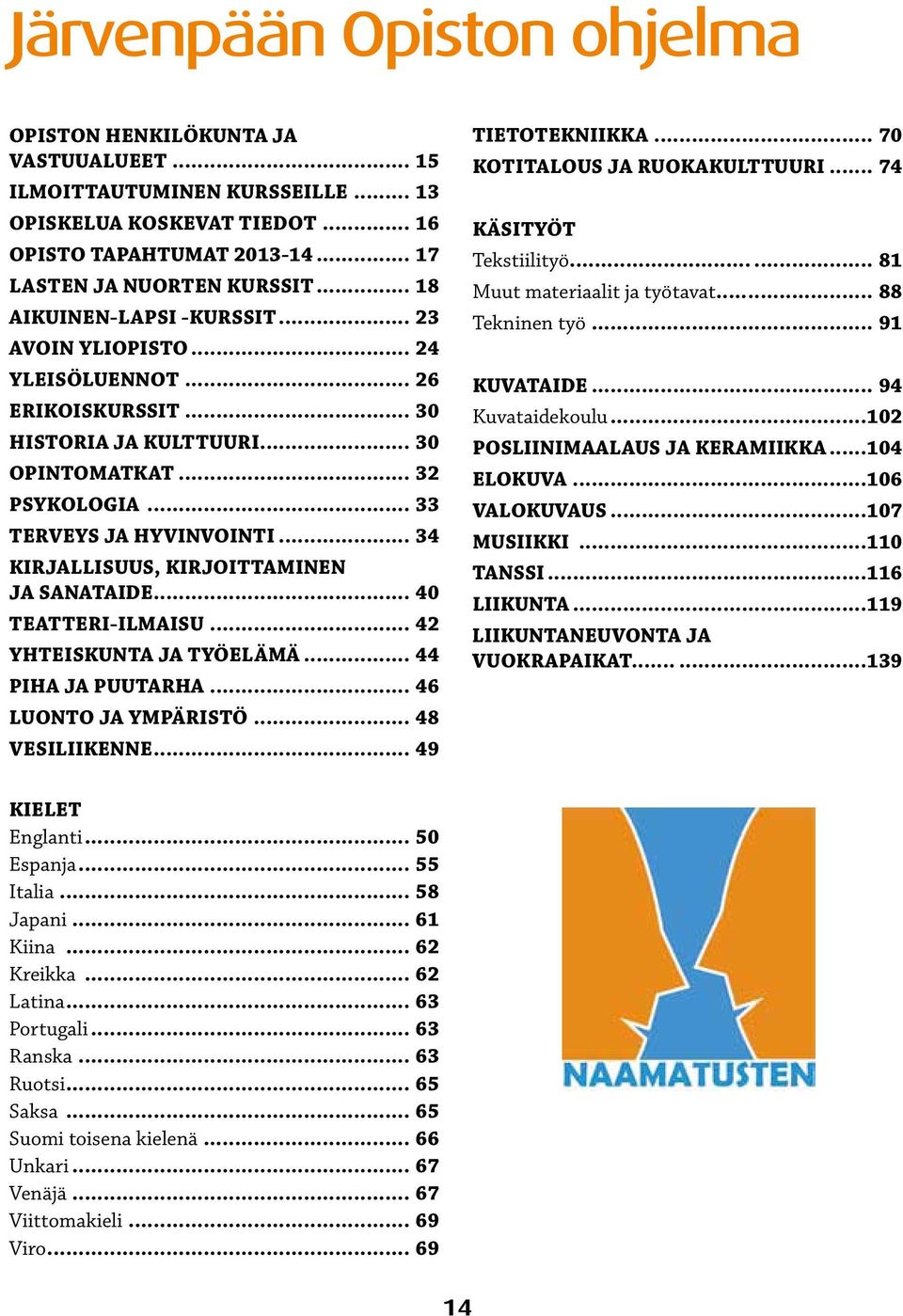 .. 34 KIRJALLISUUS, KIRJOITTAMINEN JA SANATAIDE... 40 TEATTERI-ILMAISU... 42 YHTEISKUNTA JA TYÖELÄMÄ... 44 PIHA JA PUUTARHA... 46 LUONTO JA YMPÄRISTÖ... 48 VESILIIKENNE... 49 TIETOTEKNIIKKA.