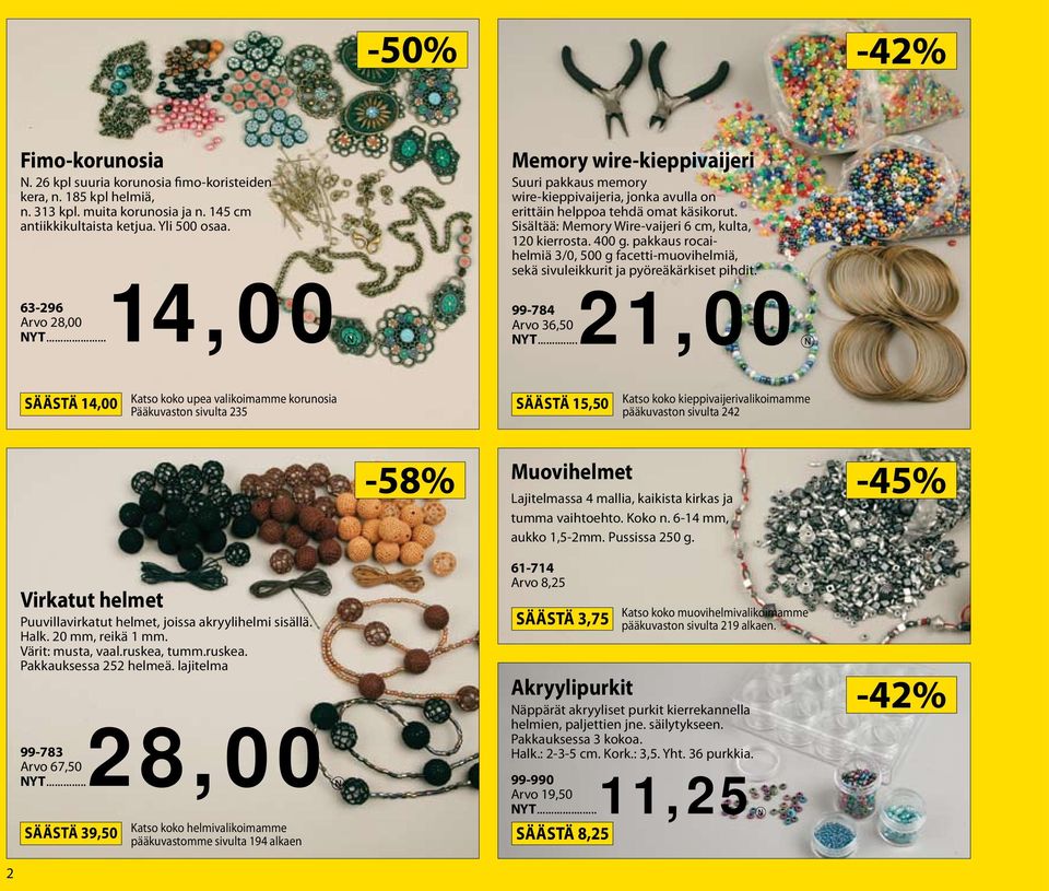 pakkaus rocaihelmiä 3/0, 500 g facetti-muovihelmiä, sekä sivuleikkurit ja pyöreäkärkiset pihdit. 99-784 Arvo 36,50 NYT.