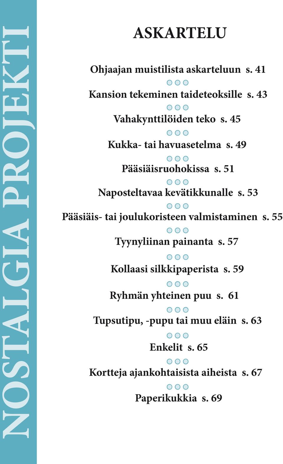 53 Pääsiäis- tai joulukoristeen valmistaminen s. 55 Tyynyliinan painanta s. 57 Kollaasi silkkipaperista s.