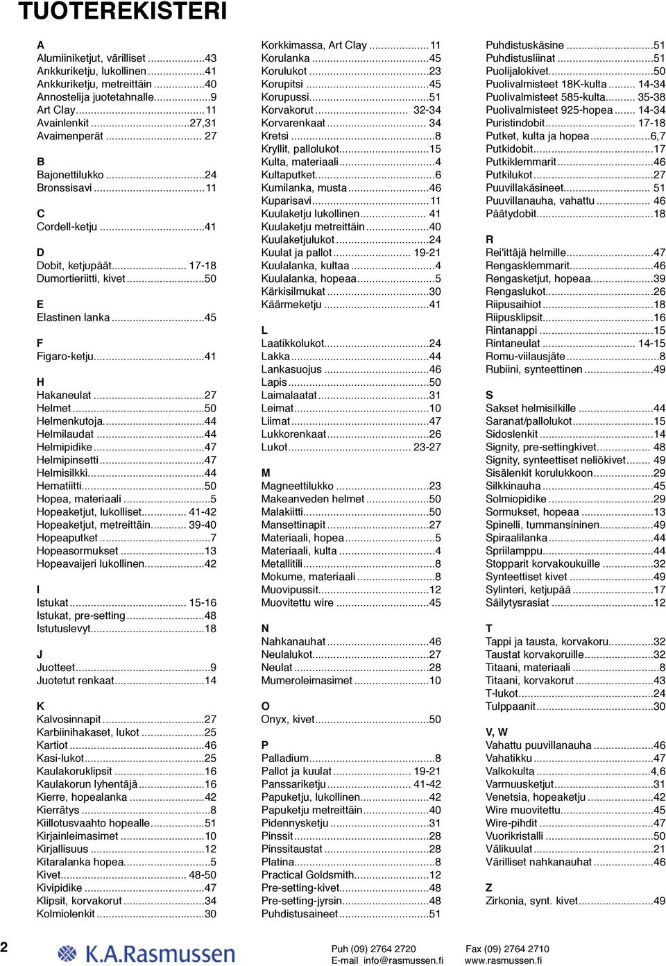 ..50 Helmenkutoja...44 Helmilaudat...44 Helmipidike...47 Helmipinsetti...47 Helmisilkki...44 Hematiitti...50 Hopea, materiaali...5 Hopeaketjut, lukolliset... 41-42 Hopeaketjut, metreittäin.