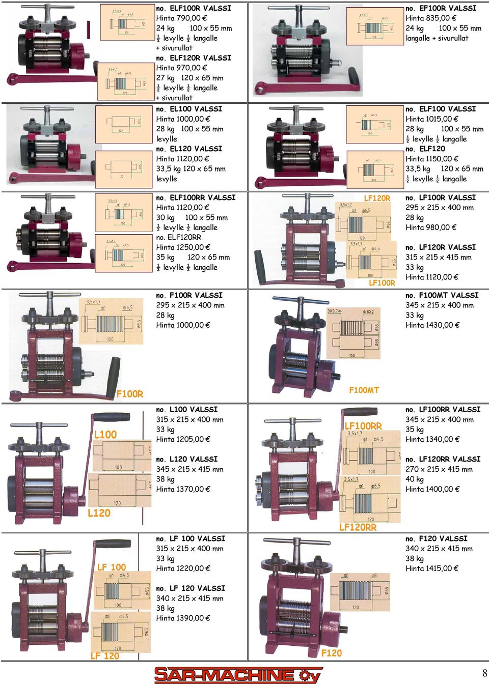 Hinta 1120,00 30 kg 100 x 55 mm ELF120RR Hinta 1250,00 35 kg 120 x 65 mm LF100R VALSSI 295 x 215 x 400 mm 28 kg Hinta 980,00 F100R VALSSI 295 x 215 x 400 mm 28 kg Hinta 1000,00 F100MT VALSSI 345 x