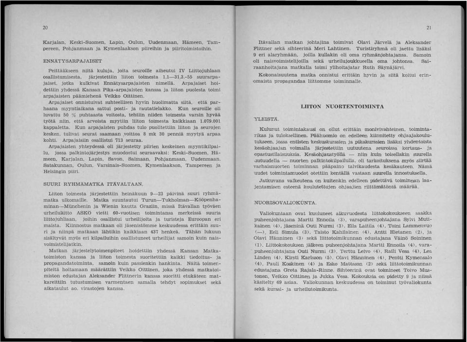 .3.-55 suurarpajaiset, jotka kulkivat Ennätysarpajaisten nimellä. Arpajaiset hoidettiin yhdessä Kansan Pika-arpajaisten kanssa ja liiton puolesta toimi arpajaisten päämiehenä Veikko Oittinen.