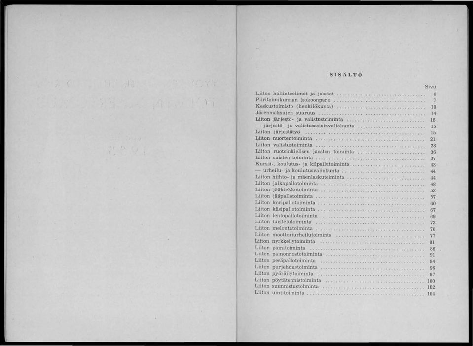 .. 15 Liiton nuortentoiminta...,... 21 Liiton valistustoiminta,... 28 Liiton ruotsinkielisen jaoston toiminta... 36 Liiton naisten toiminta.................... '.