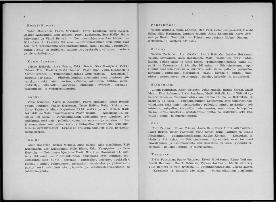 - Piiritoimikunnan apueliminä ovat toimineet työvaliokunta sekä naistoimikunta, paini-, palloilu-, pesäpallo-, hiihto-, lento- ja koripallo-, suunnistus-, nyrkkeily-, valistus-, nuortenja