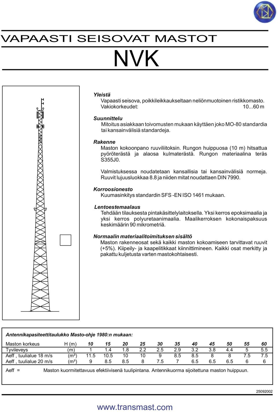 Kaikki osat merkitty ja pakattu kuljetusta varten mastokohtaisesti. Maston korkeus H (m) 10 15 20 25 30 35 40 45 50 55 60 Tyvileveys (m) 1 1.4 1.8 2.2 2.5 2.9 3.2 3.8 4.4 5 5.