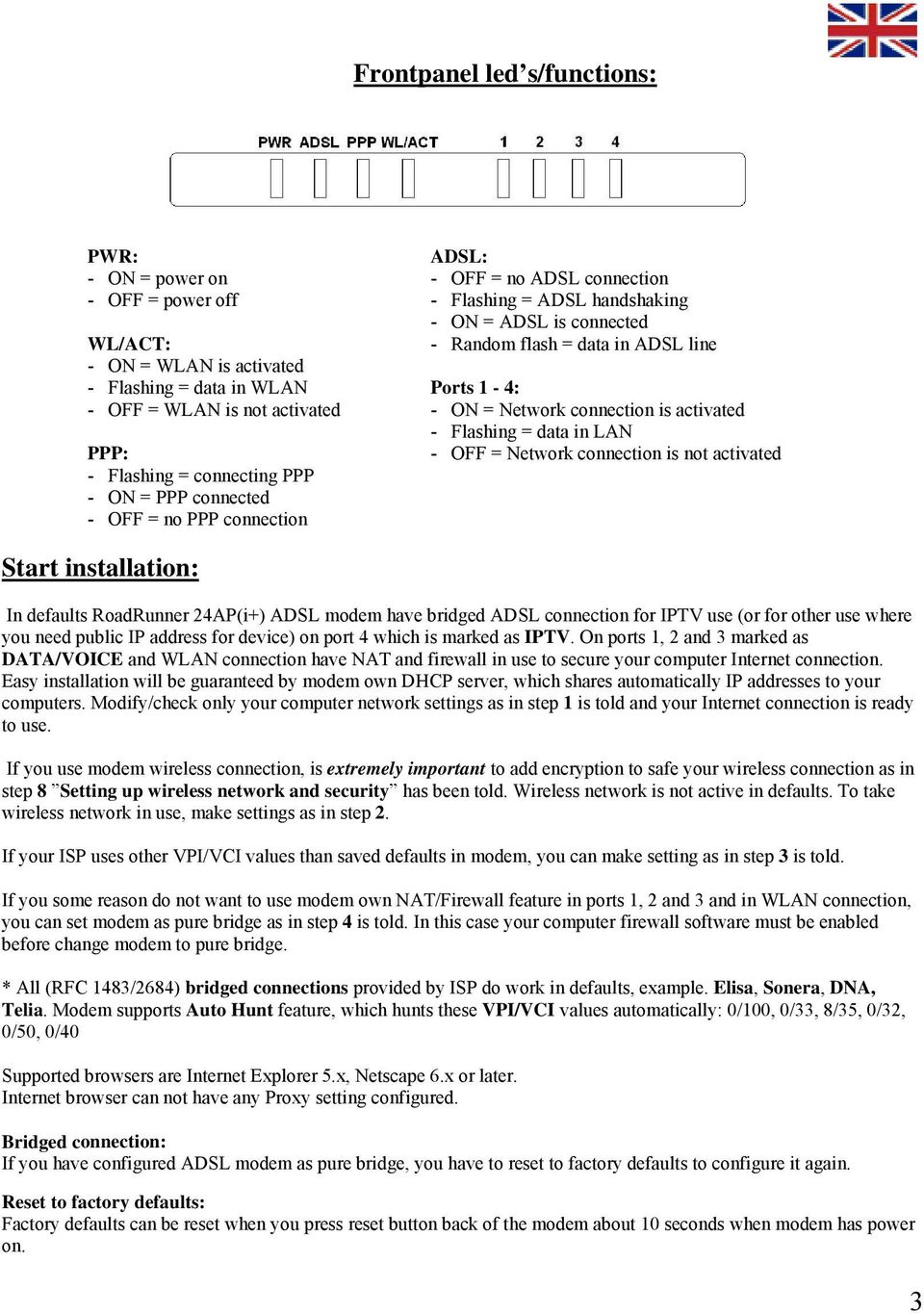 activated - Flashing = connecting PPP - ON = PPP connected - OFF = no PPP connection Start installation: In defaults RoadRunner 24AP(i+) ADSL modem have bridged ADSL connection for IPTV use (or for