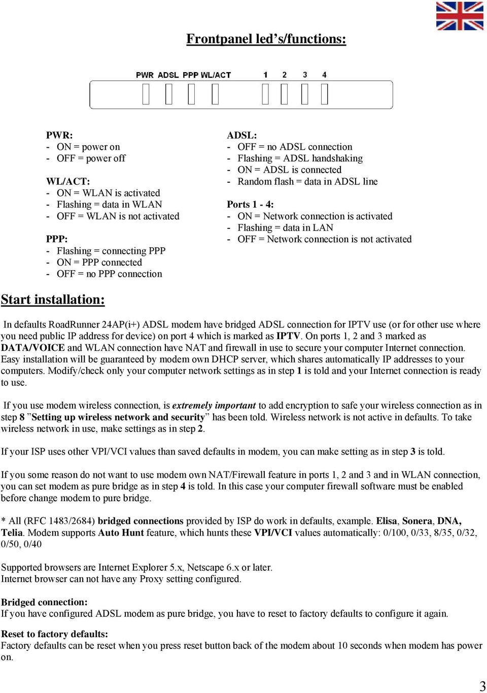 activated - Flashing = connecting PPP - ON = PPP connected - OFF = no PPP connection Start installation: In defaults RoadRunner 24AP(i+) ADSL modem have bridged ADSL connection for IPTV use (or for