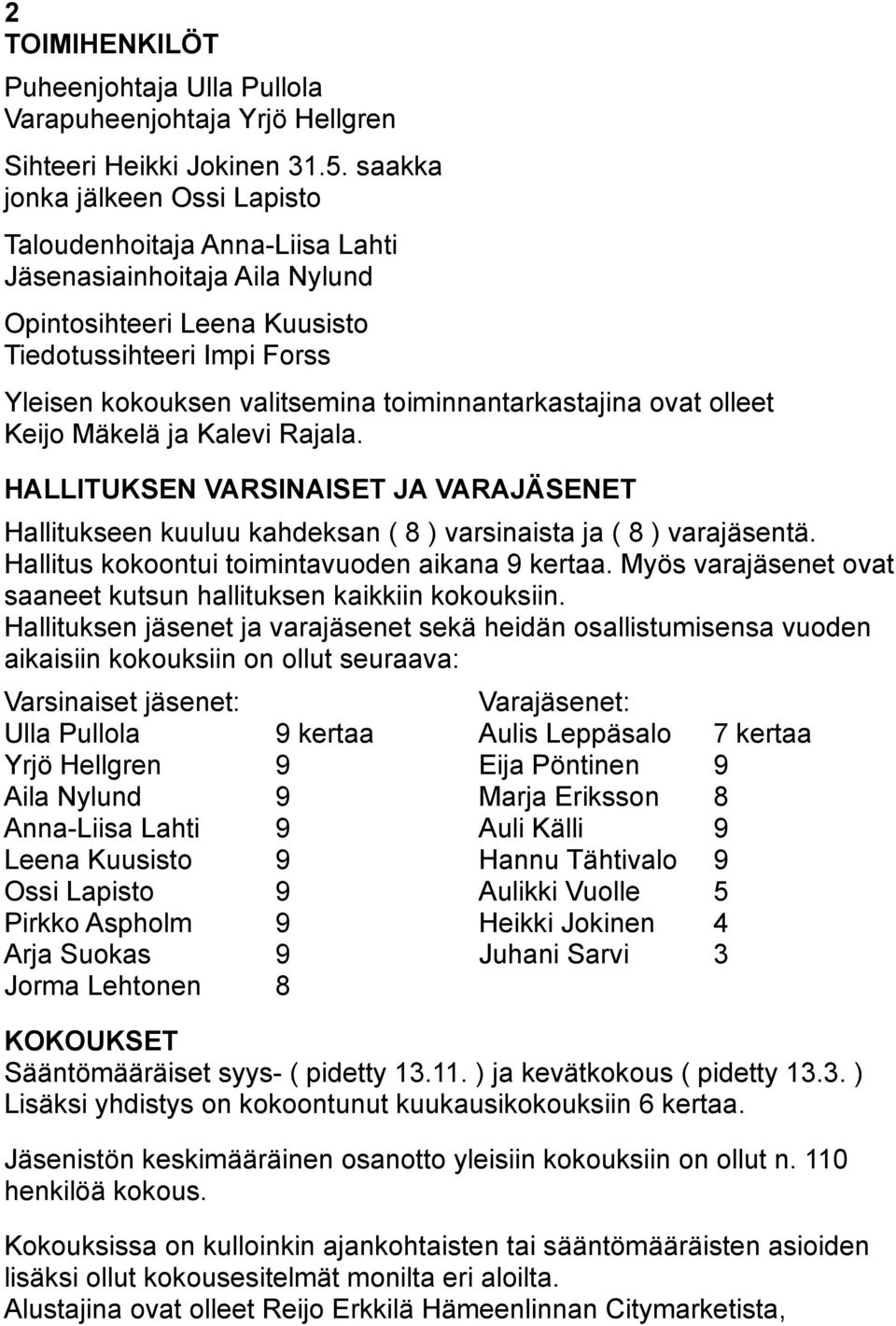 toiminnantarkastajina ovat olleet Keijo Mäkelä ja Kalevi Rajala. HALLITUKSEN VARSINAISET JA VARAJÄSENET Hallitukseen kuuluu kahdeksan ( 8 ) varsinaista ja ( 8 ) varajäsentä.