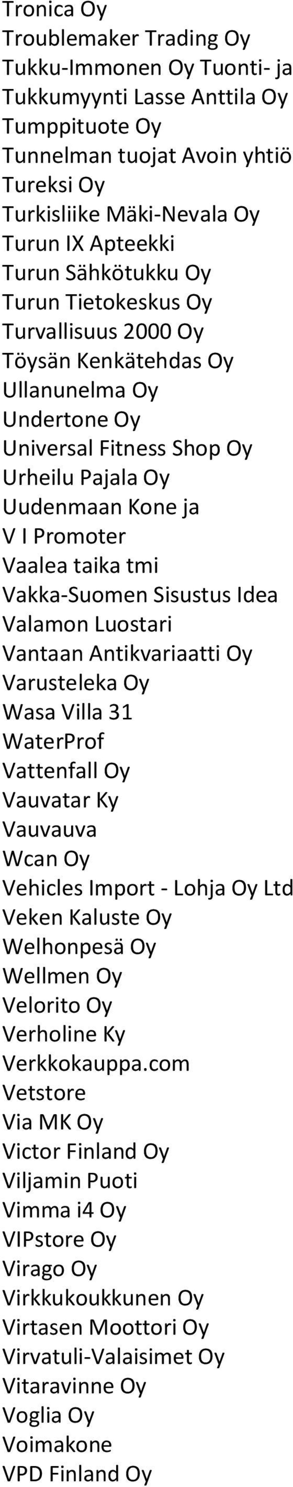 Vakka-Suomen Sisustus Idea Valamon Luostari Vantaan Antikvariaatti Oy Varusteleka Oy Wasa Villa 31 WaterProf Vattenfall Oy Vauvatar Ky Vauvauva Wcan Oy Vehicles Import - Lohja Oy Ltd Veken Kaluste Oy