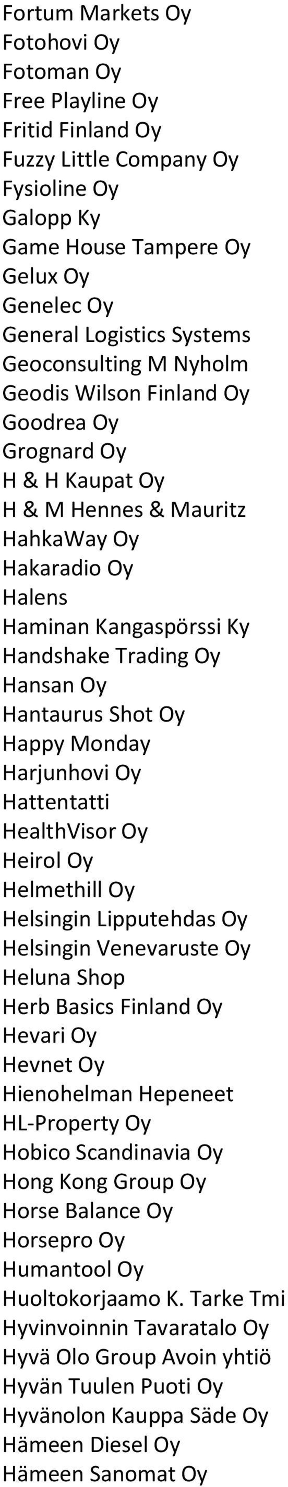 Hantaurus Shot Oy Happy Monday Harjunhovi Oy Hattentatti HealthVisor Oy Heirol Oy Helmethill Oy Helsingin Lipputehdas Oy Helsingin Venevaruste Oy Heluna Shop Herb Basics Finland Oy Hevari Oy Hevnet