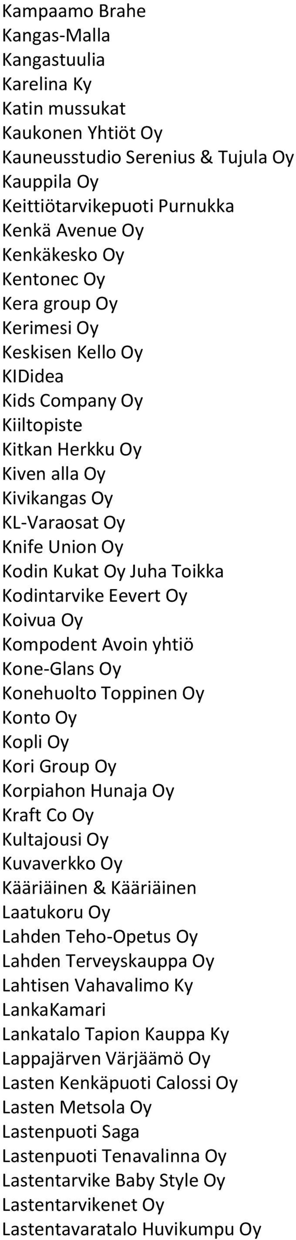 Kodintarvike Eevert Oy Koivua Oy Kompodent Avoin yhtiö Kone-Glans Oy Konehuolto Toppinen Oy Konto Oy Kopli Oy Kori Group Oy Korpiahon Hunaja Oy Kraft Co Oy Kultajousi Oy Kuvaverkko Oy Kääriäinen &