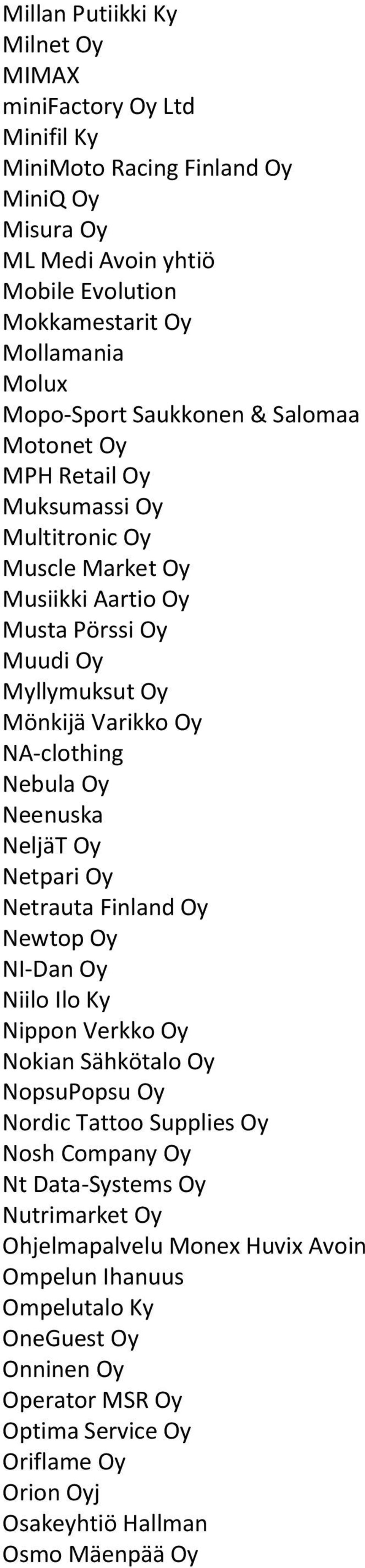 Neenuska NeljäT Oy Netpari Oy Netrauta Finland Oy Newtop Oy NI-Dan Oy Niilo Ilo Ky Nippon Verkko Oy Nokian Sähkötalo Oy NopsuPopsu Oy Nordic Tattoo Supplies Oy Nosh Company Oy Nt Data-Systems