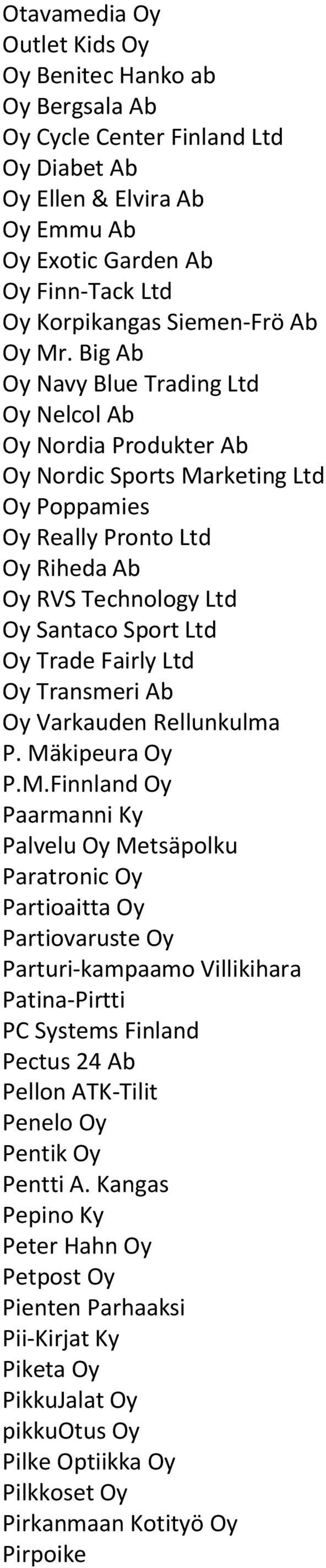 Big Ab Oy Navy Blue Trading Ltd Oy Nelcol Ab Oy Nordia Produkter Ab Oy Nordic Sports Marketing Ltd Oy Poppamies Oy Really Pronto Ltd Oy Riheda Ab Oy RVS Technology Ltd Oy Santaco Sport Ltd Oy Trade