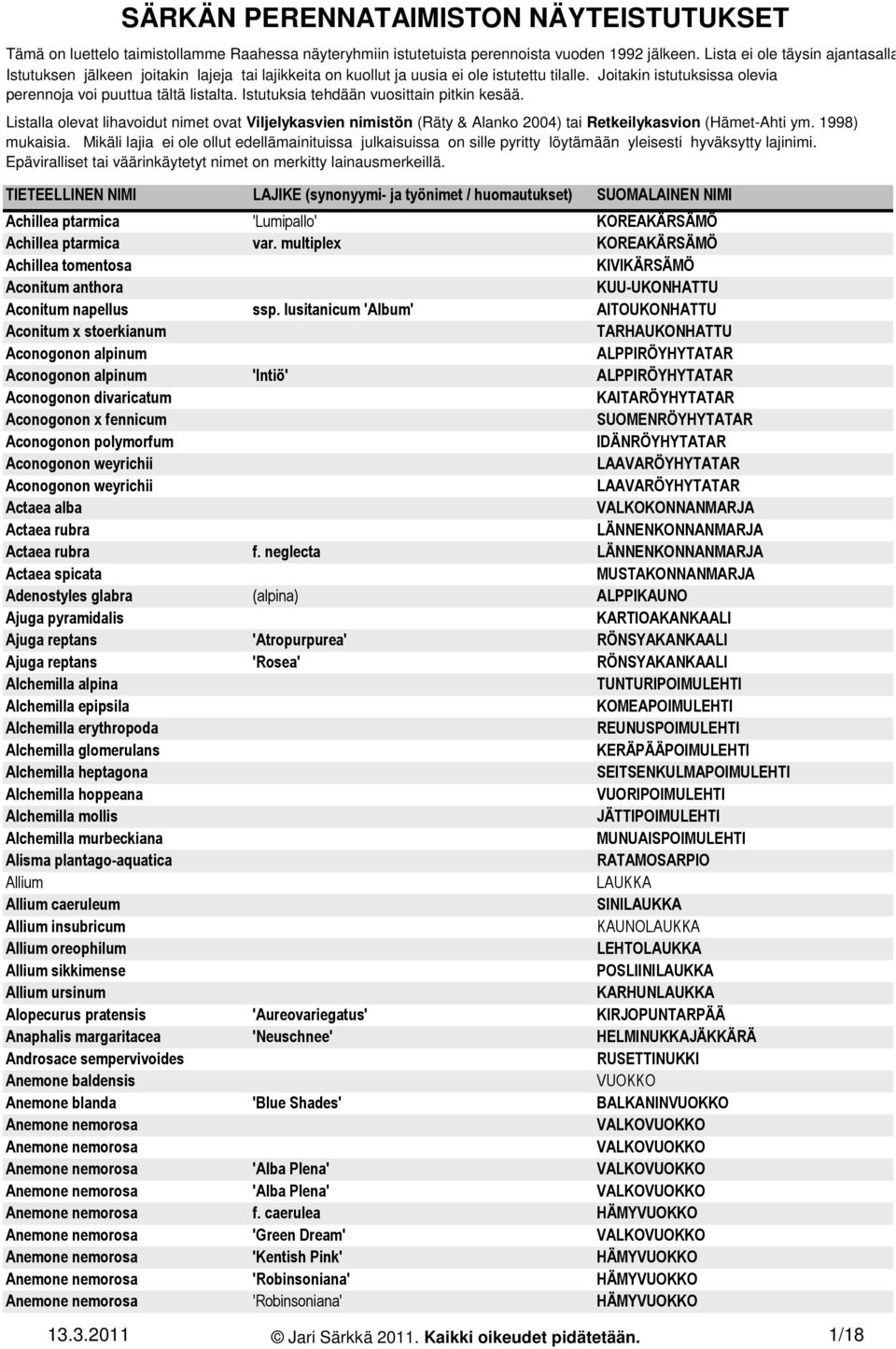 Istutuksia tehdään vuosittain pitkin kesää. Listalla olevat lihavoidut nimet ovat Viljelykasvien nimistön (Räty & Alanko 2004) tai Retkeilykasvion (Hämet-Ahti ym. 1998) mukaisia.